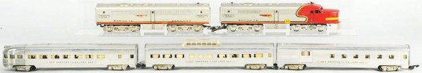 American Flyer Sante Fe Passenger Train Set.: American. S-gauge. Includes no. 360 Santa Fe A Unit and B Unit along with three passenger cars. Passenger cars consist of no. 660 pullman car, no. 662 Vista Dome with one small crack in dome, and no.