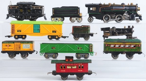 Lot of 10: American Flyer Train Items.: Includes two engines, two tenders, five cars, and one engine shell. Side rod is broken on one engine. Condition (Very Good).