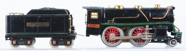 Lionel No. 384 Train Engine & Tender.: American. Standard gauge. Includes no. 384E steam engine with green striping. Engine has warped frame, replaced steam chests, and missing railings. Comes with matching no. 384T Lionel Lines tender wit