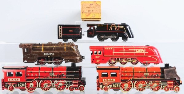 Lot of 14: Tinplate French Toy Train Items.: Includes six engines, three tenders, and five passenger cars. Various conditions. One engine and tender have their original box. Condition (Very Good).