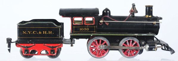 Marklin O-Gauge Clockwork Steam Engine & Tender.: German. American outline with cowcatcher. "MC" shield mark on boiler front, marked "1030" on sides of cab, and marked "NYC & HR". Some paint loss to the front stack of engine and tender has some paint