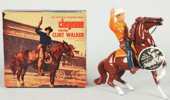 Hartland Cheyenne Figure on Horse.: Figure comes with hat, original tag, attached gun in right hand, and saddle. Includes original box marked "No. 818 Starring Clint Walker" and "A Warner Bros. TV Production 1957". Some slight creasing