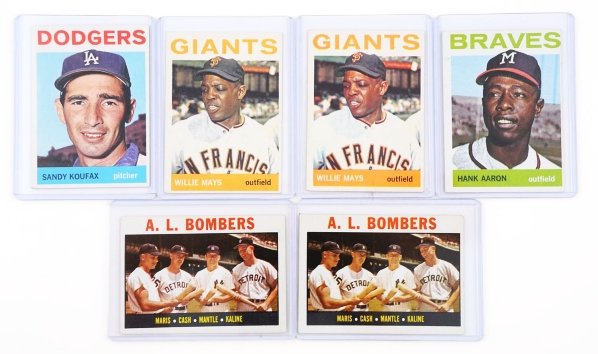Lot of 6: Topps 1964 Baseball Cards.: Includes two no. 331 A.L. Bombers, two no. 150 Willie Mays, one no. 300 Hank Aaron, and no. 200 Sandy Koufax. Cards are all fairly well centered except for the Hank Aaron card. Condition (Very Good).