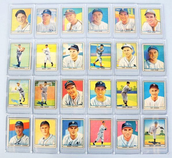 Lot of 52: 1941 Play Ball Baseball Cards.: Made by Gum'Inc. Philadelphia. From the colored Play Ball set. Includes minor stars, commons, and some duplicates. A few cards have some creasing and centering problems. Condition (Very Good).