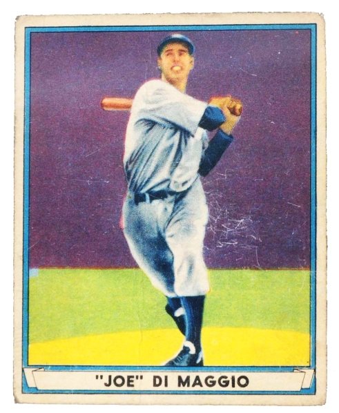 1941 Play Ball No. 71 Joe DiMaggio Baseball Card.: Made by Gum'Inc. Philadelphia. Only colored card series from Play Ball. Nicely centered. One crease in bottom center and some dog-eared corners. This card came from the family of the original owner. C