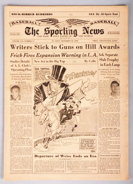Lot of 4: 1960 "The Sporting News" Newspapers.: Includes the June 29th, July 13th, August 17th, and November 16th issues. The July 13th issue features Roger Maris on the cover and the August 17th issue features Ted Williams picked as Player of the 