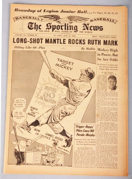 Lot of 5: 1956 "The Sporting News" Newspapers.: Includes June 13th with Mickey Mantle pictured on cover, July 4th featuring Ted Williams, Stan Musial, and Joe DiMaggio on cover, September 26th featuring Babe Ruth, October 10th with Mickey Mantle an