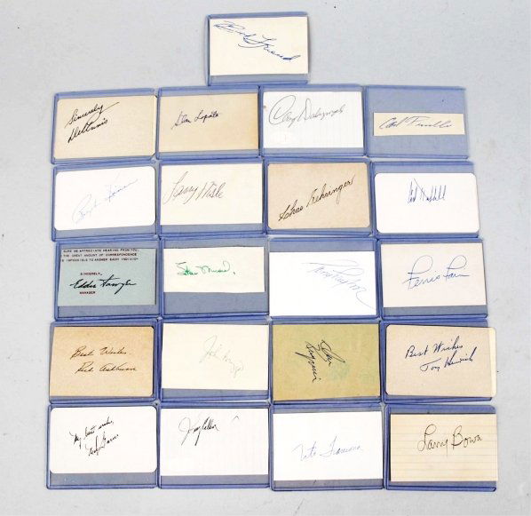 Lot of 21: Vintage Signatures on Cards & Paper.: Includes signatures from athletes like baseball HOFers Carl Hubbell, Stan Musial, Ralph Kiner, Rich Ashburn, Charlie Gehringer, and others. All with authentication stickers from JSA. Condition (Very G