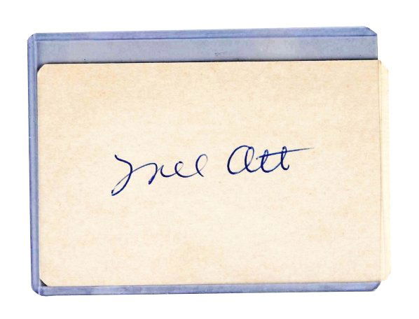 Vintage Mel Ott Signature on Card.: Nice signature of famous New York Giant hitter and HOfer in blue ink. Ott was known for his unusual batting stance. Comes with an LOA from JSA. Condition (Excellent). Size 2 - 1/2" x 4".