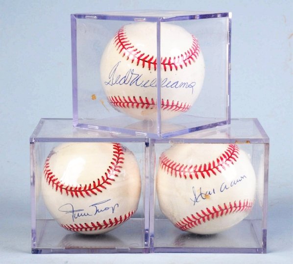 Lot of 3: Autographed HOFer Baseballs.: All are incased in plastic. Includes Ted Williams, Hank Aaron, and Willie Mays. On Official American and National League balls. Includes COAs from The Home Shopping Network. Condition (Excellent).