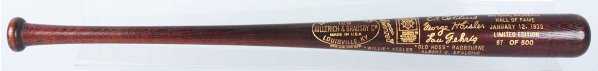 Baseball HOF 1939 No. 87/500 Bat.: Players include "Cap" Anson, Charles Comiskey, Candy Cummings, Lou Gehrig, Willie Keeler, and others. Condition (Near Mint). Size 33 - 3/4" L.