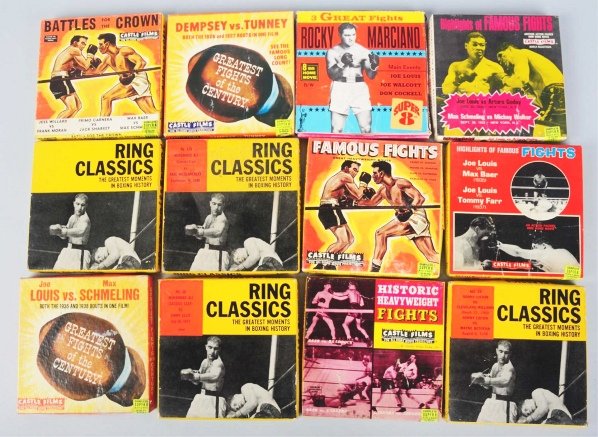 Lot of 12: Vintage Classic Fight Films.: Circa 1950s. Boxing films in original boxes include Dempsey vs. Tunney, Louis vs. Schmeling, and others. Condition (Very Good). Size Each: 5 - 1/2" x 5 - 1/4".