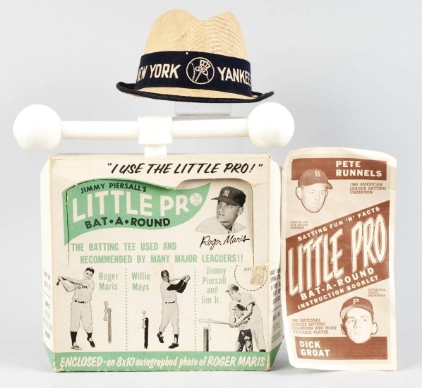 Lot of 2: 1960s Baseball Memorabilia Items.: Includes a New York Yankees straw-type hat and a Jimmy Piersasll's Little Pro Bat-A-Round game. Game comes with instruction sheet but is missing a facsimile autographed photograph of Roger Maris. Cond