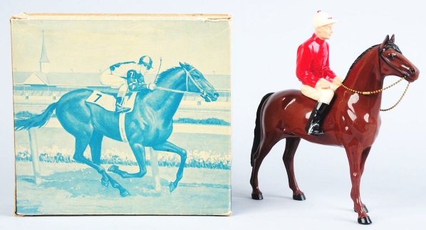 Hartland Turf King Thoroughbred Horse & Jockey.: Includes original box marked "811", jockey, saddle, horse, and extremely rare original riding crop. Box has some creasing. Condition (Very Good - Excellent). Size Box: 8 - 1/2" x 9 - 1/4".