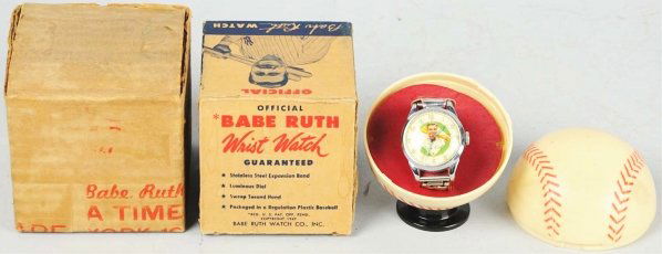 Scarce Babe Ruth Baseball Wrist Watch.: Circa 1949. Made by Exacta Time. Hands and face glow in the dark and the dial shows Babe Ruth holding a couple of baseball bats. Expansion band with $7.95 price sticker. Watch is over-wound but does w