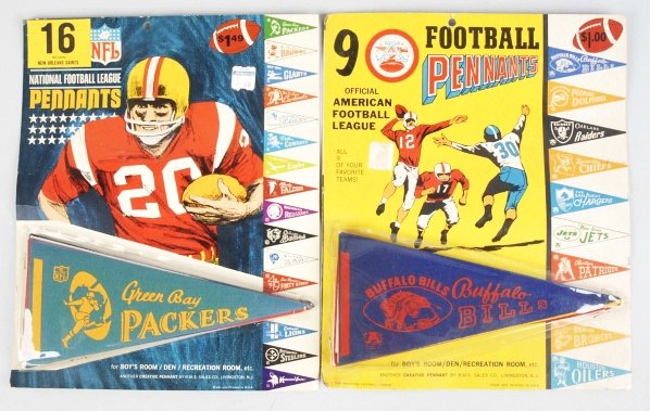 Lot of 2: Vintage Miniature Football Pennants.: Circa 1960s. Includes to scarce packages of pennants sealed on original cards. One package includes 16 National Football League pennants and has the original price sticker and the second package inclu