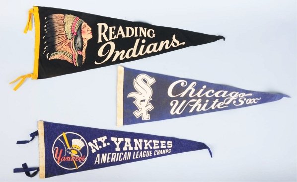 Lot of 3: Vintage Baseball Felt Pennants.: Includes New York Yankees American League Champs, later Chicago White Sox pennant (with fading), and beautifully colored Reading Indians pennant. Condition (Very Good - Excellent). Size Largest: 29 - 