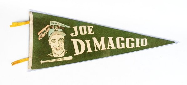 Vintage Joe DiMaggio Baseball Felt Pennant.: Depicts colorful profile of Joe wear a New York Yankees hat. Marked "Yankee Clipper" along bottom. The small end of tip is torn off and missing and pennant has some soiling and wear to white border by