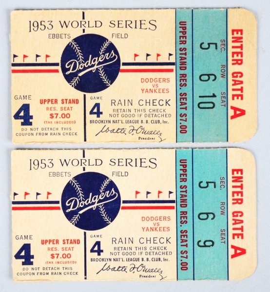 Lot of 2: Tickets to 1953 World Series Game.: Partial tickets to the Dodgers vs NY Yankees game at Ebbets Field. Some creasing throughout. Condition (Very Good). Size Each: 4 - 1/8" x 2 - 1/4".