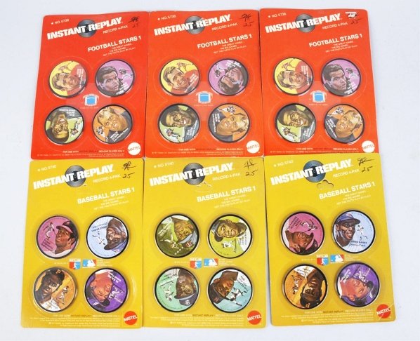 Lot of Baseball & Football Instant Replay Sets.: Dated "1971 Mattel". Includes 12 sets sealed on their original header cards; seven football and five baseball. Baseball HOFers include Hank Aaron, Tom Seaver, Willie McCovey, Frank Robinson, Ernie Ban