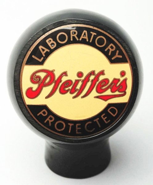 Pfeiffer's Laboratory Protected Beer Tap Knob.: Face has light crackling above "Pfeiffer's" and tap knob may not be original to face. Also, face is loose. Condition (Very Good).