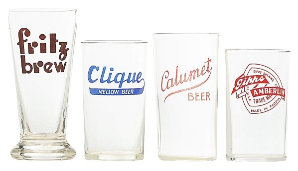 Lot of 4: Enameled Beer Glasses.: Includes Fritz, Calumet, Gipps, and others. All are rare and hard-to-find enameled beer glasses. Condition (Excellent - Near Mint). Size Largest: 5 - 1/2" T.