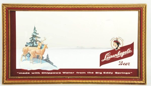 Leinenkugel's Beer Painted Mirror.: Clean overall with one area of wear toward top right. Condition (Excellent). Size Framed: 14" x 24".
