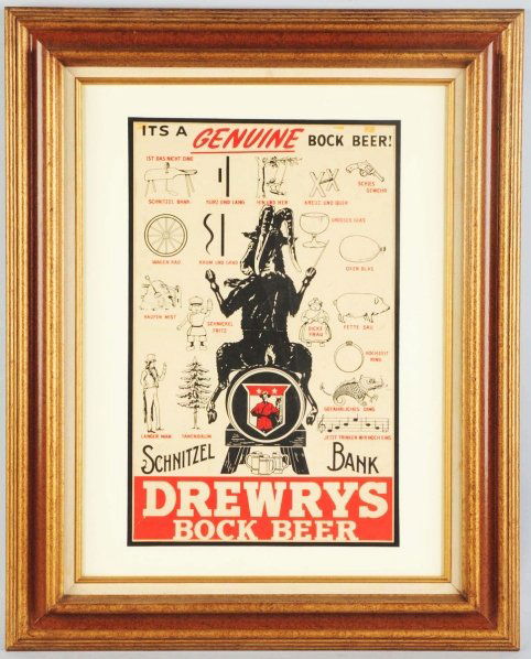 Drewry's Bock Beer Schnitzel Bank Poster.: Some tape marks along upper edge and some creasing through middle. Also, some small tears to bottom left. Professionally framed and matted. Condition (Very Good Plus). Size Framed: 31" x 25".