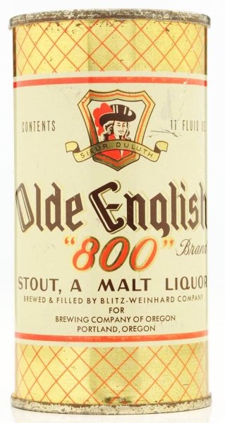 Olde English "800" Flat Top Beer Can.: 108-39. 11 oz can. Mostly clear metallic with some tarnish, spots, and scratches. 8% alcohol top. Condition (1 to 1/1-).