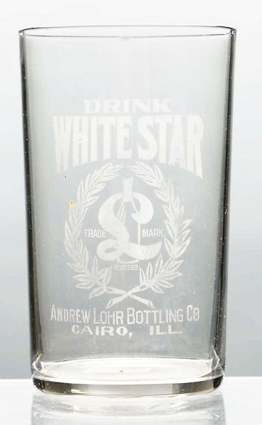 White Star Acid-Etched Beer Glass.: Andrew Lohr Bottling Company. Some light fading and wear to lettering and one chip to backside of rim. Condition (Very Good - Excellent). Size 4" T.