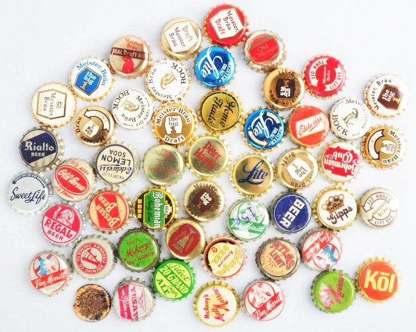 Lot of 50: Assorted Beer Bottle Caps.: Many are cork-lined and most are from Illinois. Condition (Very Good). Size Each: 1" Dia.