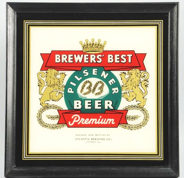 Brewer's Best Beer Reverse Glass Sign.: Chicago, Atlantic Brewing. Clean, bright example overall with light wear around outer edges in black. Wooden frame with original wooden stand on back. Condition (Excellent). Size Framed: 13" x 13".