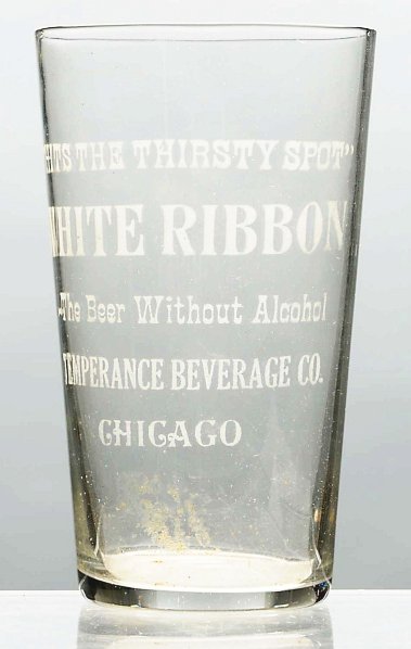 White Ribbon Acid-Etched Beer Glass.: "Hits the Thirsty Spot The Beer Without Alcohol". Light wear to lettering but glass is clean overall. Condition (Excellent). Size 3 - 5/8" T.