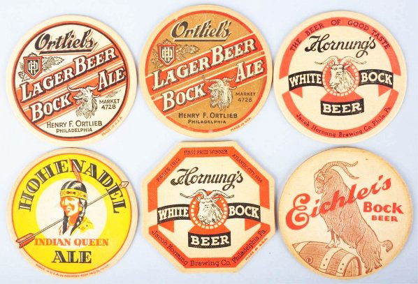 Lot of 6: Bock & Assorted Beer Coasters.: Condition (Very Good - Excellent). Size Largest: 4 - 1/4" x 4 - 1/4".
