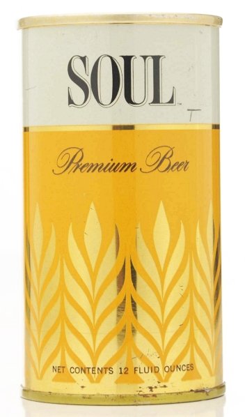 Soul Beer 12-Ounce Tap Top Beer Can.: 125-05. Very clean, clear metallic. Only very minor spots and scratches. Bottom has been opened. Condition (1/1+ to A1+).