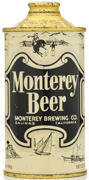 Monterey Beer LP Cone Top Beer Can.: 174-10. Black. A small rub in paint at the right of seam tow top. Retains most of the finish on the spout. Condition (A1+).