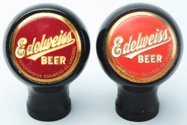 Lot of 2: Edelweiss Beer Tap Knobs.: Includes one in a lighter red color with clean face with light wear and one chip (near seven o'clock). Also includes one in darker red with clean face and slight wear to paint. Condition (Very Good -