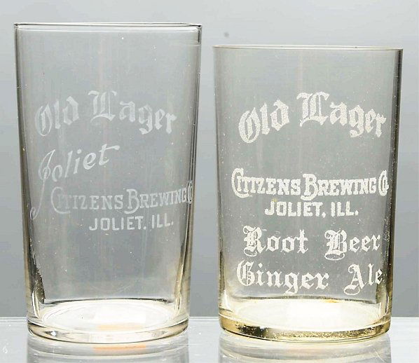 Lot of 2: Old Lager Acid-Etched Beer Glasses.: Joliet Citizens Brewing Company. One is for root beer and ginger ale with raised lettering and has light overall wear. The second glass has a lighter imprint. Condition (Very Good - Excellent). Size L