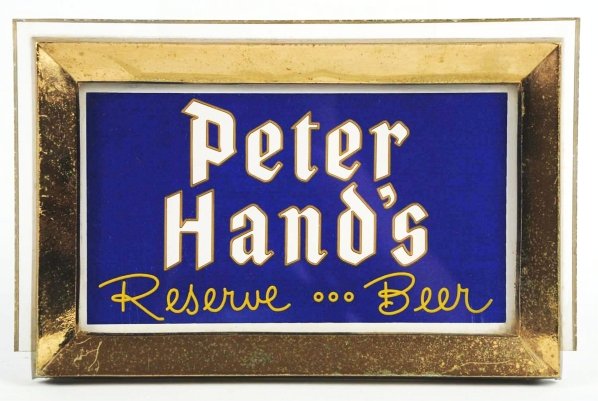 Peter Hand's Reverse Glass Painted Sign.: Sign and mirror have some overall wear. Condition (Very Good). Size 6 - 1/2" x 10".