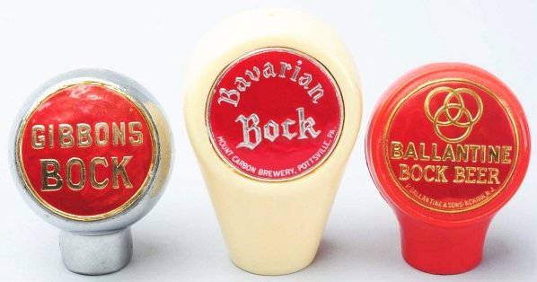 Lot of 3: Foil Label Beer Tap Knobs.: Includes Gibbons Bock with some wear to chrome, one Bavarian Bock with clean face, and one Ballantine Bock with clean face. Condition (Very Good - Excellent).