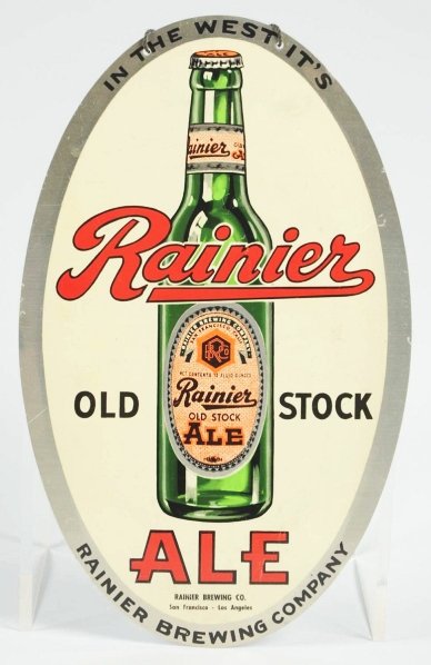 Rainier Old Stock Ale Oval Aluminum Sign.: Marked "In the West It's Rainier Brewing Company". Paint is nice and bright. Nice labeled bottle scene with just some light scratching overall. Rare in "Ale." Condition (Very Good Plus - Excellent). S