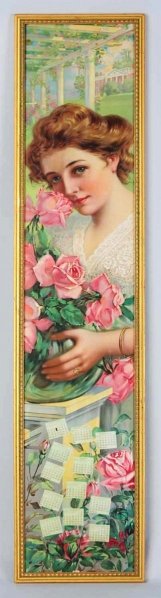 Pabst Extract Yard Long Calendar Lithograph.: Copyright 1908 CW Henning. Elegantly framed. Beautiful woman in rose scene. Lithograph has one tear above the woman's hair on left side and one stain to the January calendar. Also, some tearing to cen