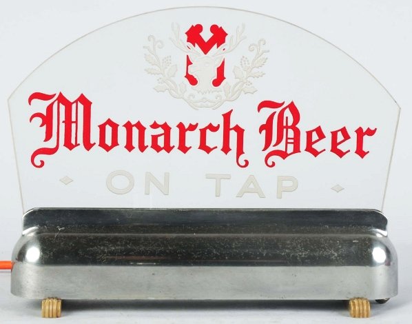 Monarch Beer on Tap Reverse Glass Etched Sign.: Glass is in nice condition with some very light scratches and paint is in good condition. Chrome base has moderate to light wear. Condition (Excellent). Size 10 - 1/4" x 12 - 3/4".