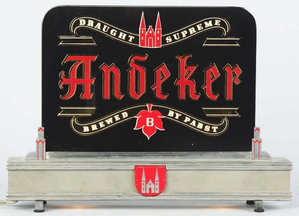 Andeker Pabst Beer Reverse Glass Light-Up Sign.: Brewed by Pabst. Glass is clean overall with some light wear around edges. Metal base has some wear and hazing throughout. Super rare and probably the best example known. Condition (Very Good - Excell