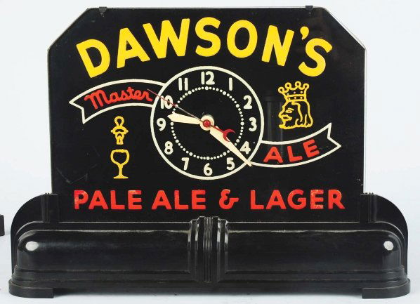 Dawson's Ale Reverse Glass Light-Up Sign & Clock.: Nice Art Deco bakelite base. Some wear to lettering and light scratching to black background. Also, some paint loss to the clock hands. Condition (Very Good - Excellent). Size 12 - 3/4" x 17 - 3/4".