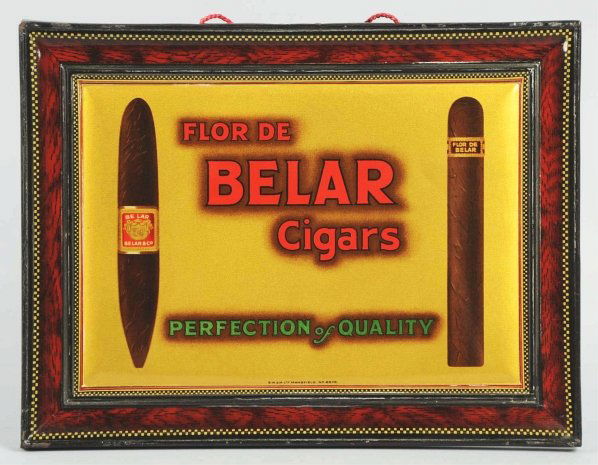 Belar Cigars Self-Framed Tin Hanging Sign.: Clean face with some wear and scratching throughout edges. Condition (Excellent). Size 7 - 1/2" x 9 - 3/4".