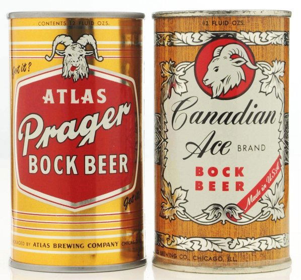 Atlas Prager & Canadian Ace Bock Beer Cans.: 032-28 and 048-16. Both are very clean. Small scratches on one side of Atlas. Bock lid on CA. Lids are likely replaced on Atlas. CA bottom has been opened. Condition (1/1+ to A1+).