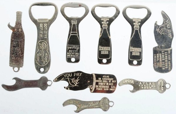 Lot of 10: Assorted Beer Bottle Openers.: Includes Blue Bell, Atlas, Ritz, and others. Condition (Good - Very Good). Size Largest: 3 - 3/4" L.