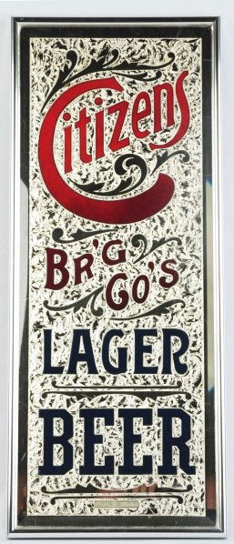 Citizens Brewing Company Reverse Glass Sign.: Clean overall. Heavy old glass with silver leaf. Condition (Excellent). Size Framed: 30 - 1/4" x 12 - 1/2". The reverse painted glass signs in the sale were purportedly found circa 1975 to 1981 in Chi