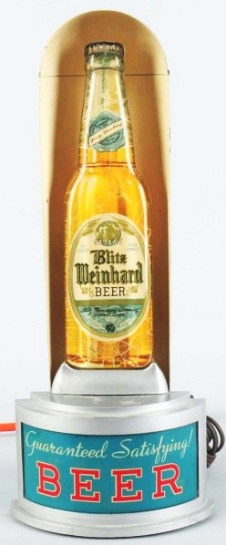 Blitz Weinhard Beer Die-Cut Glass Bottle Sign.: Light-up bullet type sign. Labeled bottle has crackling to paint throughout but still looks nice. Metal case is clean with very light wear. Condition (Very Good). Size 16 - 1/4" T.
